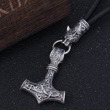Load image into Gallery viewer, S925 Sterling Silver Viking Wolf heads with thor's hammer mjolnir pendant leather men necklace as christmas gift