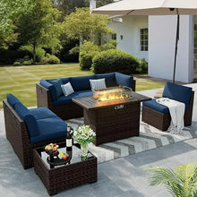 Load image into Gallery viewer, 8 Pieces Outdoor Patio Set with 44" Fire Pit Table, Rattan Sectional Sets w/Gas Fire Pit