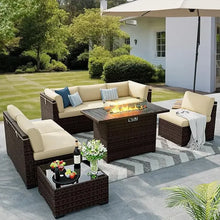 Load image into Gallery viewer, 8 Pieces Outdoor Patio Set with 44" Fire Pit Table, Rattan Sectional Sets w/Gas Fire Pit