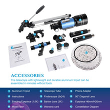 Load image into Gallery viewer, 30070 Telescope 1.25" Eyepieces Wide Vision Moon Watching Monocular with Tripod 1.5X Erecting Eyepiece 3X Barlow Lens Kids Gift