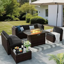 Load image into Gallery viewer, 8 Pieces Outdoor Patio Set with 44" Fire Pit Table, Rattan Sectional Sets w/Gas Fire Pit
