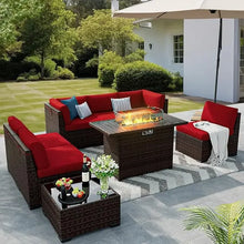 Load image into Gallery viewer, 8 Pieces Outdoor Patio Set with 44" Fire Pit Table, Rattan Sectional Sets w/Gas Fire Pit