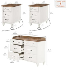 Load image into Gallery viewer, 3 Piece Bedroom Set - Mid Century 6 Drawer Dresser, Set of 2 Side Tables with Charging Station & Storage Cabinet