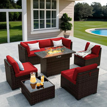 Load image into Gallery viewer, 8 Pieces Outdoor Patio Set with 44" Fire Pit Table, Rattan Sectional Sets w/Gas Fire Pit