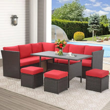 Load image into Gallery viewer, Outdoor Furniture 7 Piece Set, All Weather Wicker Rattan Couch, Diner Table, & Chair with Ottoman