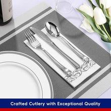 Load image into Gallery viewer, 200 White and Silver Plastic Plates Set of 300 Silver Plastic Silverware-100 Silver Plastic Cups 100 Disposable Hand Towel
