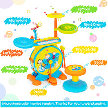 Load image into Gallery viewer, Babyjoy 2-in-1 Kids Electronic Drum Kit Music Instrument Toy w/ Keyboard Microphone Blue
