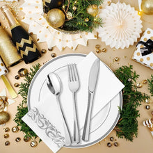 Load image into Gallery viewer, 200 White and Silver Plastic Plates Set of 300 Silver Plastic Silverware-100 Silver Plastic Cups 100 Disposable Hand Towel
