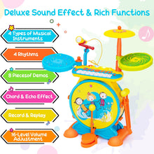 Load image into Gallery viewer, Babyjoy 2-in-1 Kids Electronic Drum Kit Music Instrument Toy w/ Keyboard Microphone Blue
