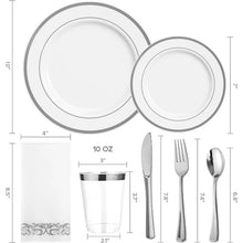 Load image into Gallery viewer, 200 White and Silver Plastic Plates Set of 300 Silver Plastic Silverware-100 Silver Plastic Cups 100 Disposable Hand Towel
