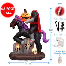 Load image into Gallery viewer, 6.5 Foot Tall Lighted Halloween Inflatable Headless Horseman with Horse Tombstones Skull and Pumpkin Lights
