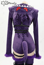 Load image into Gallery viewer, Meowcos Halloween Purple Sexy Romper Bodysuit Plush Hooded and Socks with Belt and Tail
