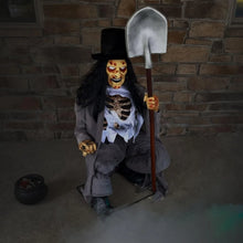 Load image into Gallery viewer, Motion-Activated Crouching Grave Digger Talking Scare Prop Animatronic for Indoor or Covered Outdoor
