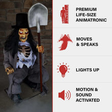 Load image into Gallery viewer, Motion-Activated Crouching Grave Digger Talking Scare Prop Animatronic for Indoor or Covered Outdoor
