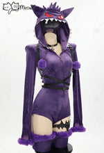 Load image into Gallery viewer, Meowcos Halloween Purple Sexy Romper Bodysuit Plush Hooded and Socks with Belt and Tail
