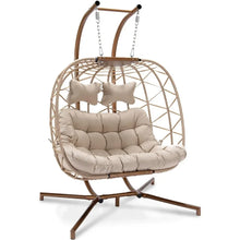 Load image into Gallery viewer, 2 Person Wicker Swing Double Egg Chair with Stand and with Cushion and Pillow
