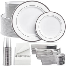 Load image into Gallery viewer, 200 White and Silver Plastic Plates Set of 300 Silver Plastic Silverware-100 Silver Plastic Cups 100 Disposable Hand Towel
