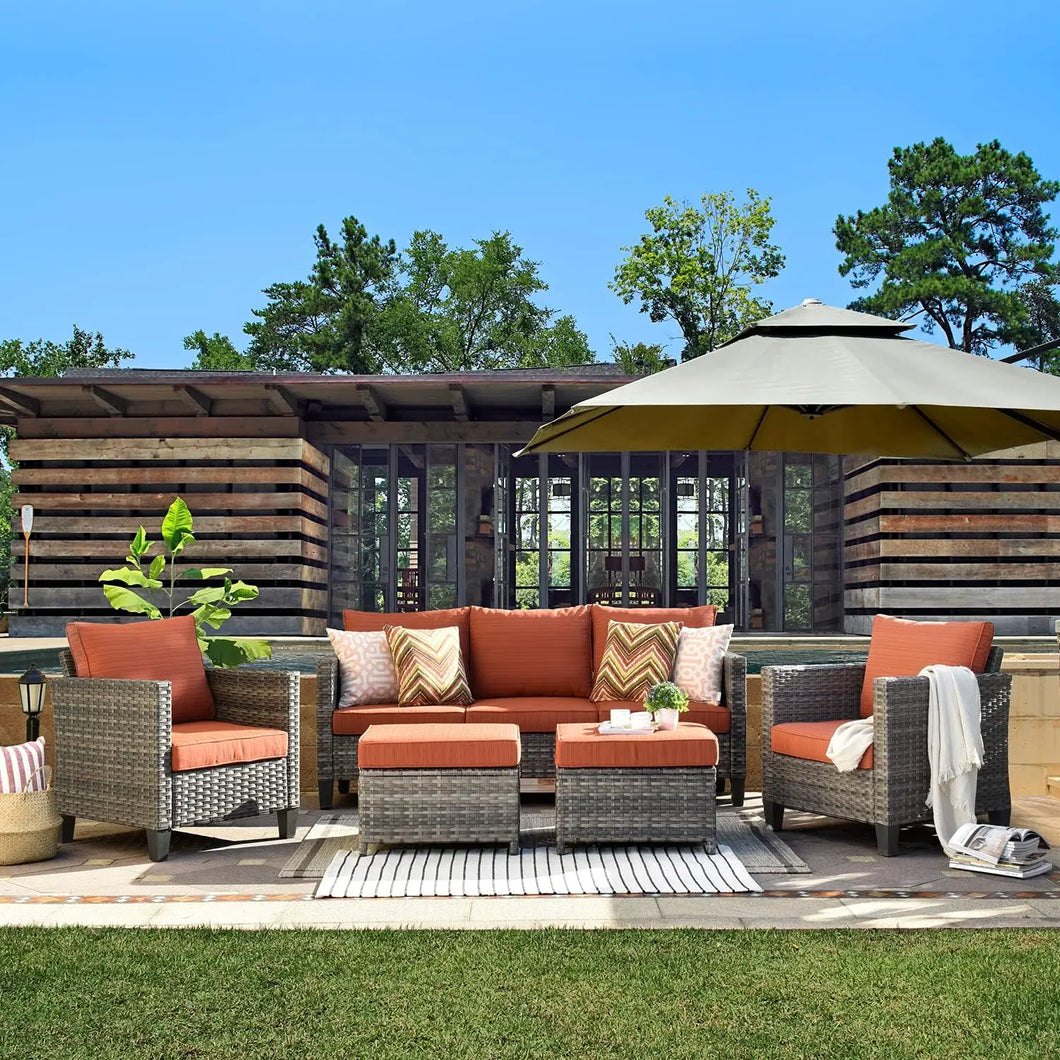 5 Pieces Outdoor Wicker Rattan Sofa Couch with Ottomans and Comfy Cushions, All Weather High Back