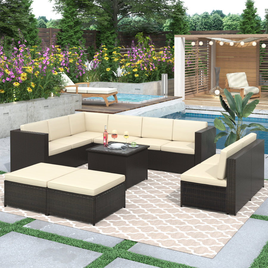 9 Piece Rattan Sectional Seating Group - jeaniesunusualdecor